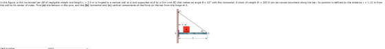 = 32° with the horizontal. A block of weight W = 280 N can be moved anywhere along the bar; its position is defined by the di