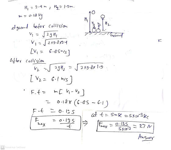 Mi H₂ Ground n Hi = 2.4m, My = 1.9m. m = 0.18 lg at ground befor collision V=5291, Vi= 249.8X2-4 [Vi = 6.85m/s] aftor collisi