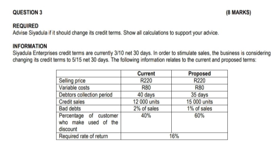 QUESTION 3 (8 MARKS) REQUIRED Advise Siyadula if it should change its credit terms. Show all calculations to support your adv