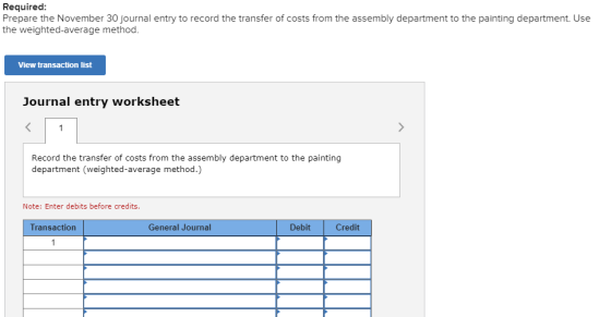 Required: Prepare the November 30 journal entry to record the transfer of costs from the assembly department to the painting