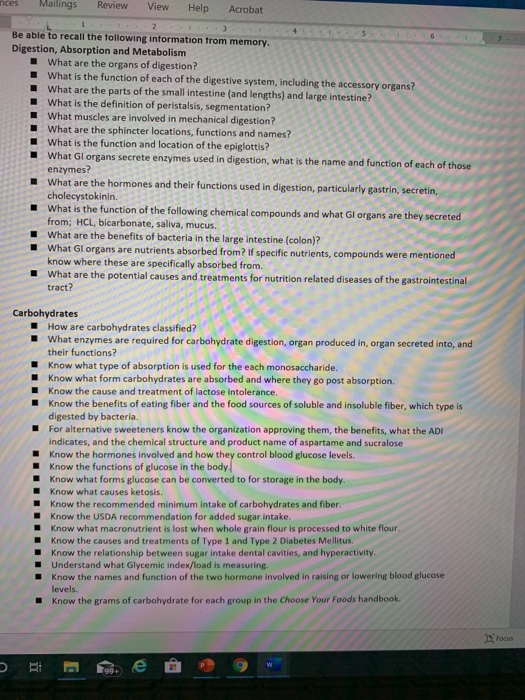 nces Mailings Review View Help Acrobat Be able to recall the following intormation from memory. Digestion, Absorption and Met