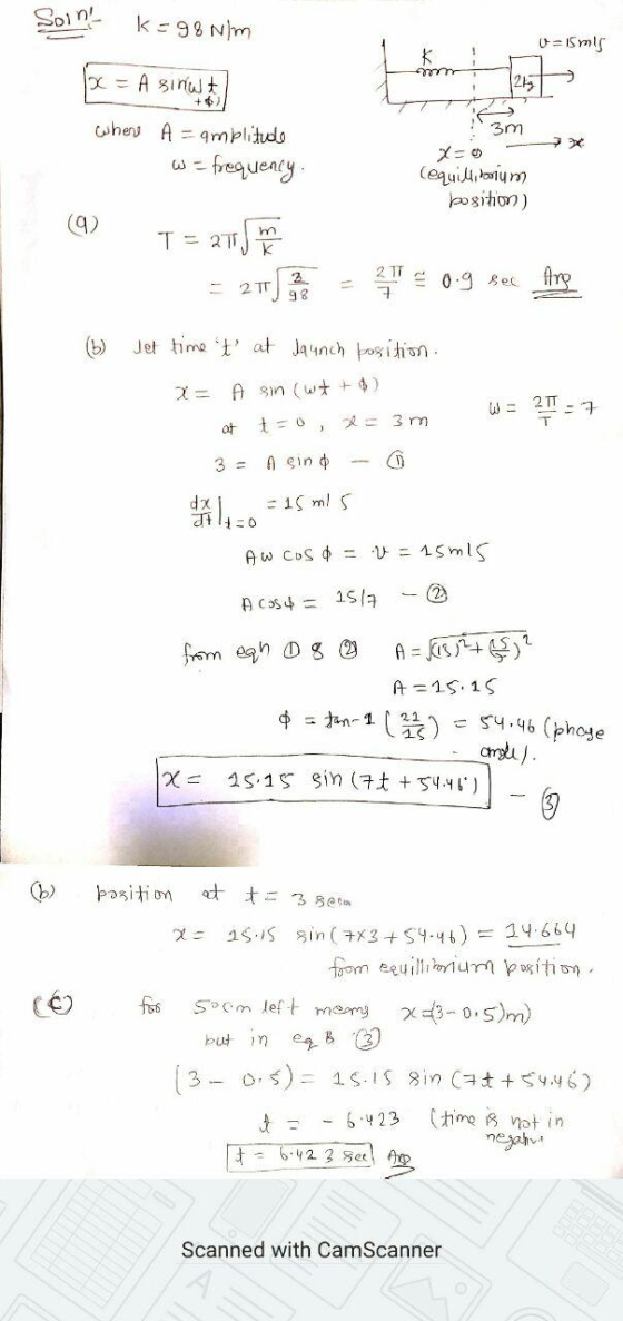 Soin k=98 N/m 0 = 15 ml mm 24 1x = A sinut +6) where A = amplitude 3= frequency. 3m w (equilibrium bositor) (9) T = 271 min 2