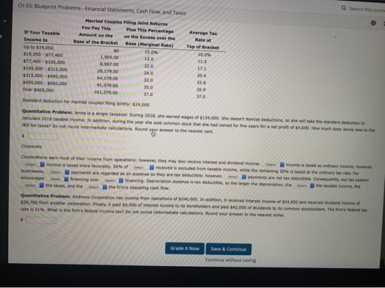 Search this course Ch 03: Blueprint Problems - Financial Statements, Cash Flow, and Taxes Married couples Filing Joint Return