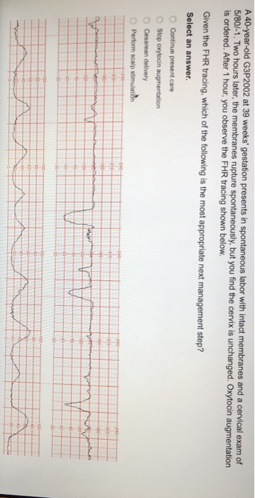A 40-year-old G3P2002 at 39 weeks gestation presents in spontaneous labor with intact membranes and a cervical exam of 5/80/