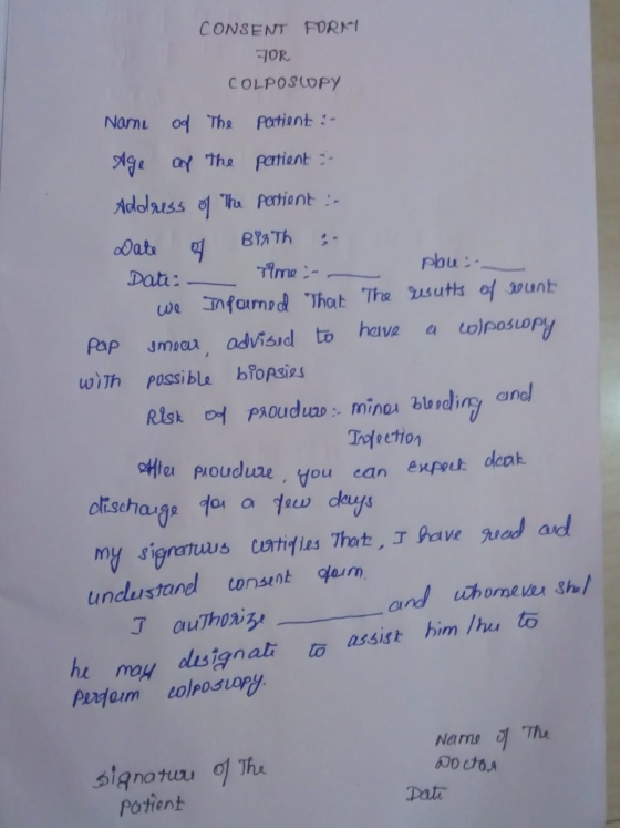 CONSENT FOR JOR COLPOSCOPY Name of The patient :- Age of the partient -- Address of the partient :- Date Biath 3. Date: Time