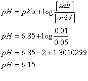 pH = pKa +log Lealt aca 0.01 0.05 pH 6.85+log pH 6.85-2+1.3010299 pH 6.15