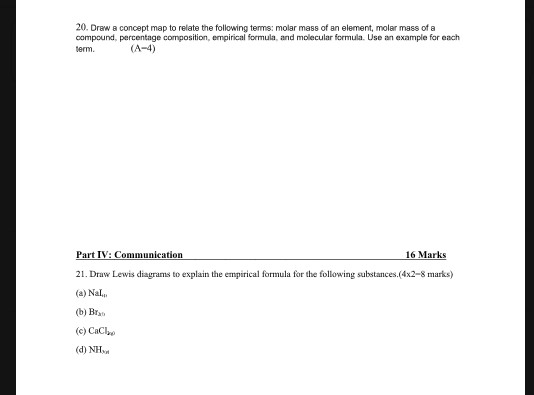 20. Draw a concept map to relate the following terms: molar mass of an element, molar mass of a compound percentage compositi
