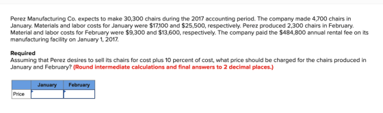 Perez Manufacturing Co. expects to make 30,300 chairs during the 2017 accounting period. The company made 4,700 chairs in Jan