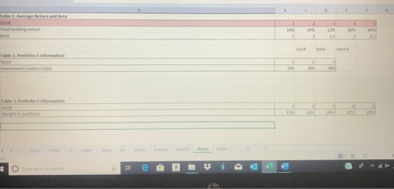 C D Table 1. Average Return and Beta Stock 2 3 4 Total holding return 14 % 60% 20% 12% 20% Beta 2.5 1 21 1.5 2 stock beta ret