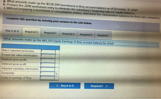 g. What amounts make up the $528,300 Investment in Brey account balance as of December 31, 2018 h. Prepare the 2018 worksheet