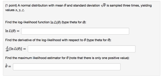 (1 point) A normal distribution with mean 0 and standard deviation Võ is sampled three times, yielding values x, y, z. Find t