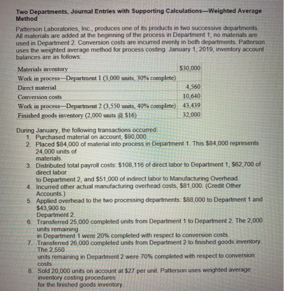 Two Departments, Journal Entries with Supporting Calculations-Weighted Average Method Patterson Laboratories, Inc., produces