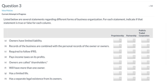 Question 3 --/10 View Policies Current Attempt in Progress Listed below are several statements regarding dfferent forms of bu