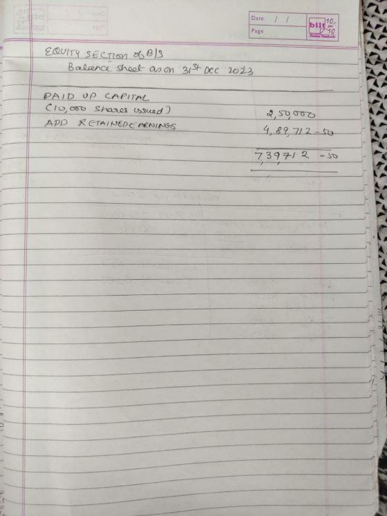 Date / / bilt Page EQUITY SECTion of Bls. Balance sheet as on 31st Dec 2023 PAID UP CAPITAL Clo,000 Shares issued ] ADD RETAI