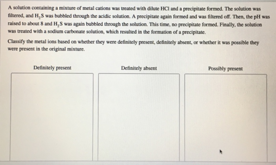 A solution containing a mixture of metal cations was treated with dilute HCl and a precipitate formed. The solution was filte