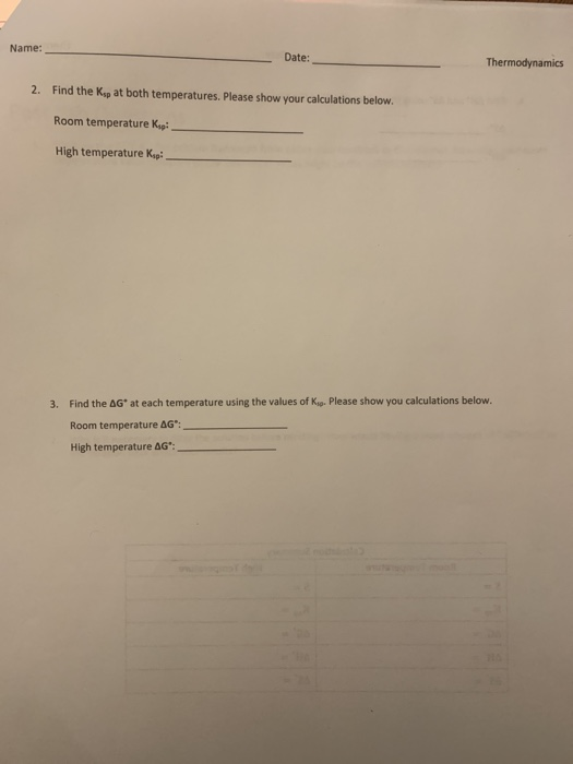 Name: Date: Thermodynamics 2. Find the K, at both temperatures. Please show your calculations below. Room temperature Ke: Hig