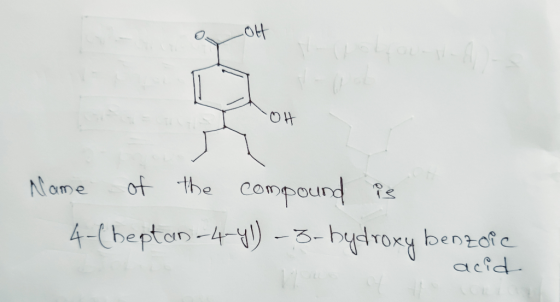 av OH Name of the compound is 4-(heptan-4-41) -3- bydroxy benzoic acid