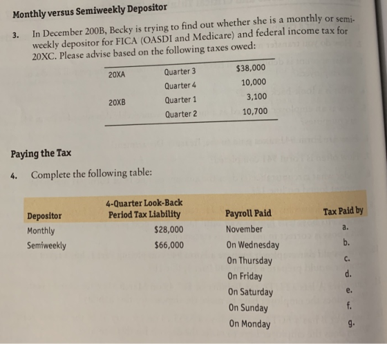 Monthly versus Semiweekly Depositor 3. In December 200B, Becky is trying to find out whether she is a monthly or semi. weekly