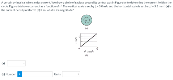 A certain cylindrical wire carries current. We draw a circle of radius r around its central axis in Figure (a) to determine t
