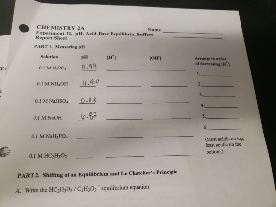 CHEMISTRY 2A Name Experiment 12, pH, Acid-Base Equilibria, Buffers Report Sheet PART 1. Measuring pH Solution [H] (OH) PH Arr