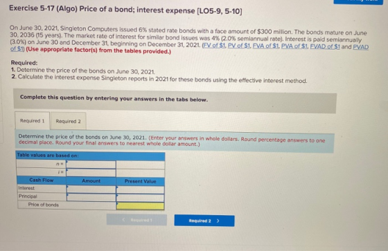 Exercise 5-17 (Algo) Price of a bond; interest expense (LO5-9,5-10) On June 30, 2021, Singleton Computers issued 6% stated ra