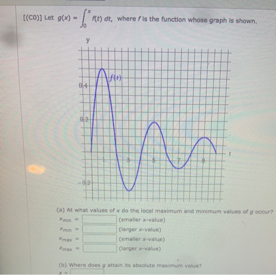 [(CO)] Let g(x) = f f(t) dt, where f is the function whose graph is shown. y Also 0,4 0,2 v -0,2 (a) At what values of x do t