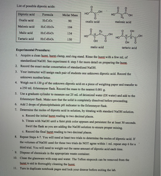 List of possible diprotic acids: ОН O=0 Diprotic acid O=0 DEO Formula HO Molar Mass HO OH H2 malonic acid Oxalic acid H:C204
