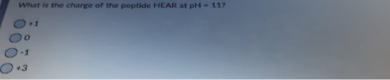 What is the charge of the peptide HEAR at pH 11? 0+3