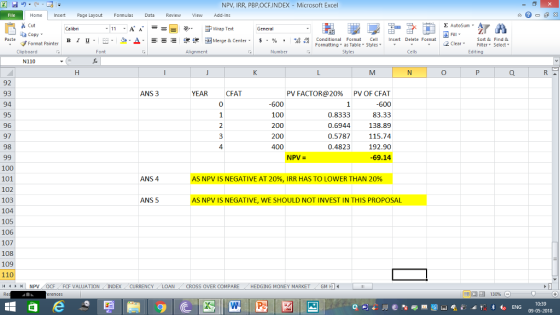 NPV, IRR, PBP,OCF,INDEX Microsoft Excel Home nert Page Layout Formulas Data Review View dd-Ins Cut E AutoSum ー E ゴWrap Text