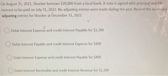 On August 31, 2021, Shocker borrows $20,000 from a local bank. A note is signed with principal and 6% interest to be paid on