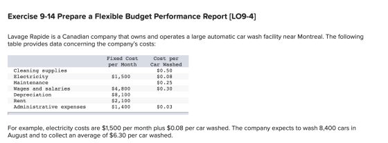 Exercise 9-14 Prepare a Flexible Budget Performance Report (LO9-4] Lavage Rapide is a Canadian company that owns and operates