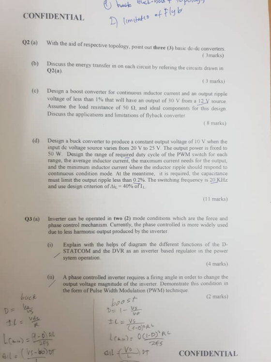 O bructe CONFIDENTIAL 2 limitatio of Flyb Q2 (a) With the aid of respective topology, point out three (3) basic de-de convert