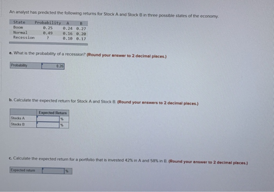 An analyst has predicted the following returns for Stock A and Stock B in three possible states of the economy State Probabili Boom Normal Recession 0.25 .24 0.27 0.49 0.160.20 0.10 0.17 a. What is the probability of a recession? (Round your answer to 2 decimal places.) Probability 0.26 b. Calculate the expected return for Stock A and Stock B. (Round your answers to 2 decimal places Expected Return Stocks A Stocks B C. Calculate the expected return for a portfolio that is invested 42% in A and 58% in B. (Round your answer to 2 decimal pl aces.) Expected return