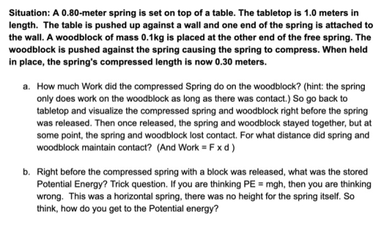 Situation: A 0.80-meter spring is set on top of a table. The tabletop is 1.0 meters in length. The table is pushed up against