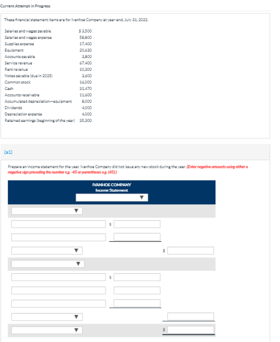 Current Attempt in Progress These financial statement items are for Ivanhoe Company at year and July 21, 2022 $ 2.500 50.900