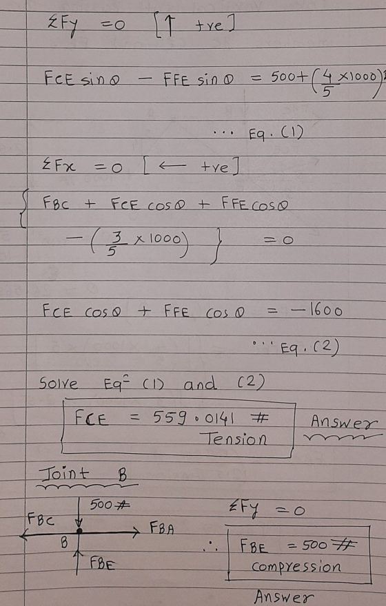 ZFy zo [1 tred FeEsino - FFE sino = 500+ (2 ... Eq. (1) {Fx = 0 a tre] FBC + FEE cosa + FFE COSO - ( 3X1000) = 0 FCE Coso + F