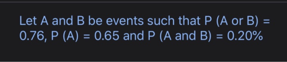 Let A and B be events such that P (A or B) = 0.76, P (A) = 0.65 and P (A and B) = 0.20%