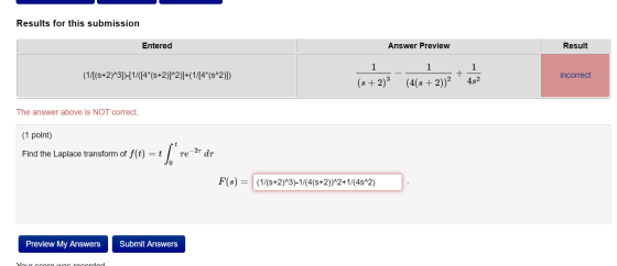 Results for this submission Entered Answer Preview Result (1/[(S+2)^3])-[1/([4*(S+2)]^2)]+(1/[4*(s^2)]) _1 (s + 2)3 __1 (4(8