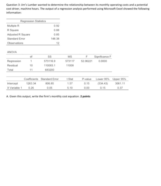 Question 3: Jims Lumber wanted to determine the relationship between its monthly operating costs and a potential cost driver