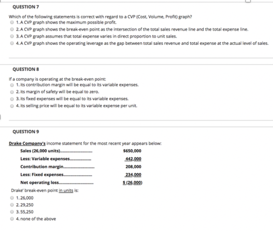 QUESTION 7 Which of the following statements is correct with regard to a CVP (Cost, Volume, Profit) graph? 1.A CVP graph shows the maximum possible profit. 2.A CVP graph shows the break-even point as the intersection of the total sales revenue line and the total expense line 3.A CVP graph assumes that total expense varies in direct proportion to unit sales. 4.A CVP graph shows the operating leverage as the gap between total sales revenue and total expense at the actual level of sales QUESTION 8 If a company is operating at the break-even point O 2. its margin of safety will be equal to zero. O 4. its selling price will be equal to its variable expense per unit. 1.its contribution margin will be equal toisiable expenses. 3. its fixed expenses will be equal to its variable expenses. QUESTION 9 Drake Companys income statement for the most recent year appears below: $650,000 442,000 208,000 234,000 $(26.000) Contribution margin Net operating loss.... Drake break-even point in units is: 1.26,000 2.29,250 3.55,250 O 4.none of the above