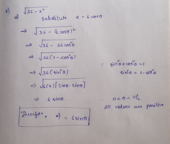 27 $36-27 ✓ 36 - x² substitute x = 6 caso $36-6 oso) e 36 36 coso - 36(1-coso) √36 Crino) => JOCG){ sino sino] - 6 erino. & s