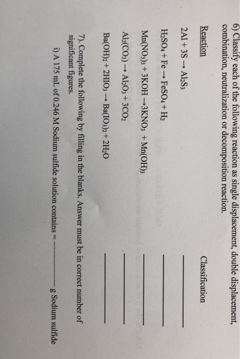 6) Classify each of the following reaction as single displacement, double displacement, combination, neutralization or decomp