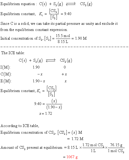 Equilibrium equation : C(s) + S2(g) CS2 (8) Equilibrium constant, K = Since Cis a soli d, we can take its partial pressure as