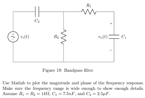 Ri vo(t) = 0 Figure 19: Bandpass filter Use Matlab to plot the magnitude and phase of the frequency response. Make sure the f