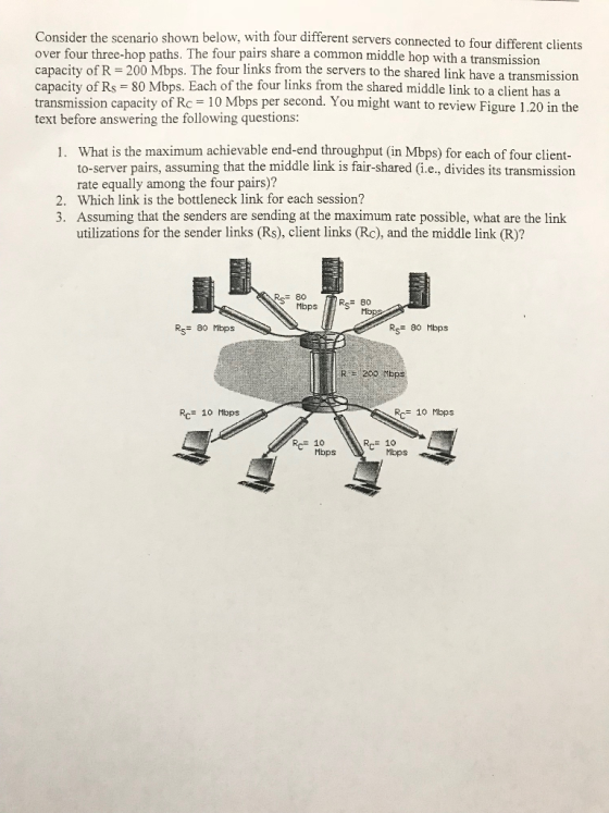 Consider the scenario shown below, with four different servers connected to four differe over four three-hop paths. The four pairs share a common middle hop with a transmission capacity of R 200 Mbps. The four links from the servers to the shared link have a transmission capacity of Rs = 80 Mbps. Each of the four links from the shared middle link to a client has a transmission capacity of Rc 10 Mbps per second. You might want to review Figure 1.20 in the text before answering the following questions: nt clients What is the maximum achievable end-end throughput (in Mbps) for each of four client- to-server pairs, assuming that the middle link is fair-shared (ie. divides its transmission rate equally among the four pairs)? Which link is the bottleneck link for each session? Assuming that the senders are sending at the maximum rate possible, what are the link utilizations for the sender links (Rs), client links (Rc), and the middle link (R)? 1. 2. 3. RcE 80 ReE 80 Mbp Ra= 80 Mbps Rs 80 Mbps R200 Mbps Rc 10 Mbps RoF 10 Mbps RcE 10 Mbps Mbps