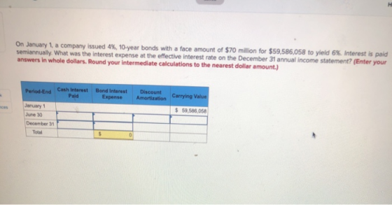 On January 1, a company issued 4%, 10-year bonds with a face amount of $70 million for $59,586,058 to yield 6% Interest is pa