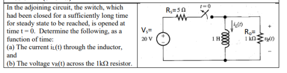 = 0 Rs=50 In the adjoining circuit, the switch, which had been closed for a sufficiently long time for steady state to be rea