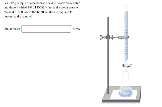 A 0.117 g sample of a monoprotic acid is dissolved in water and titrated with 0.100 M KOH. What is the molar mass of the acid
