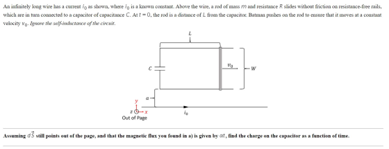An infinitely long wire has a current i, as shown, where io is a known constant. Above the wire, a rod of mass m and resistan