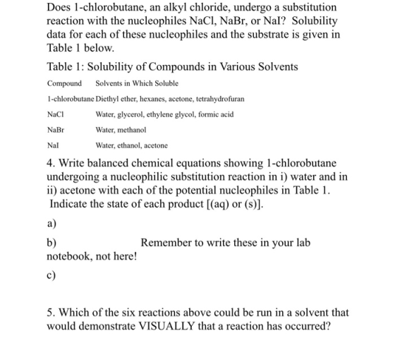 Does 1-chlorobutane, an alkyl chloride, undergo a substitution reaction with the nucleophiles NaCl, NaBr, or Nal? Solubility